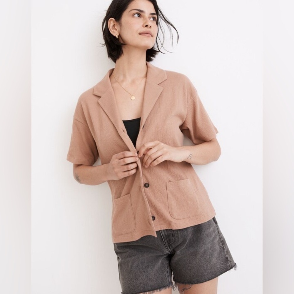 Madewell Knit Lightspun Camp Shirt in Faded Earth Tan Brown Button Front Boxy XL